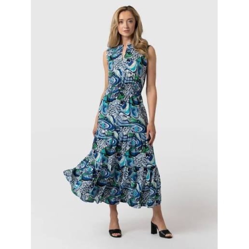 Saint + Sofia Orla Paisley Tiered Midi Dress Blue Green 16 Sleeveless